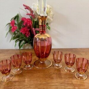 Vintage Pink and Gold Glass Decanter Set – 6 Cordial Glasses &‎ Stopper